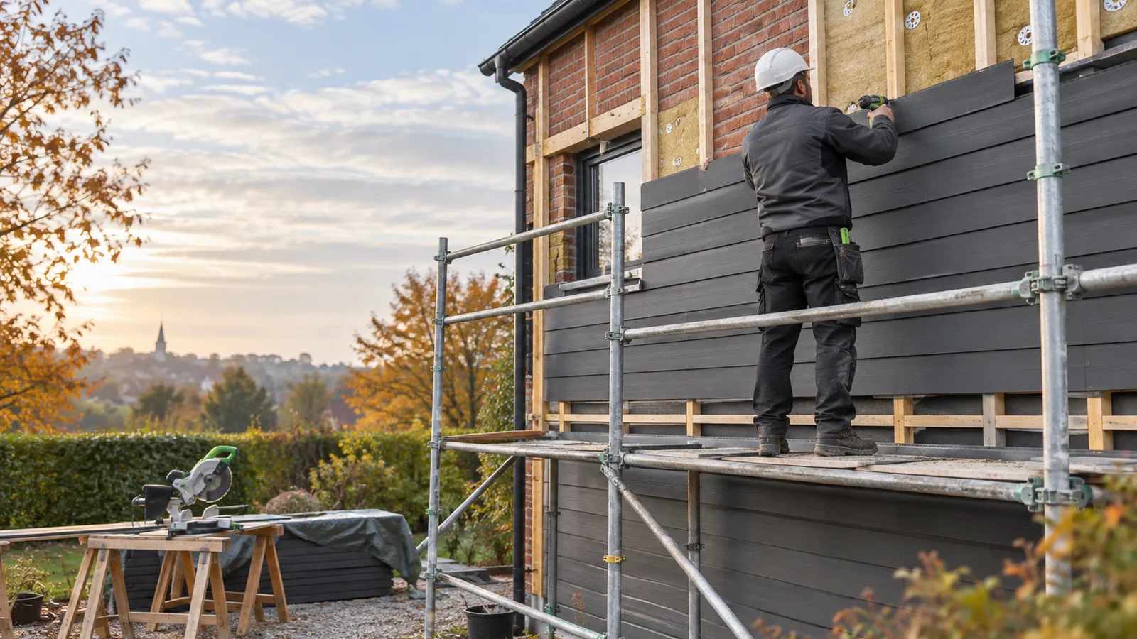 Façadier vissant un bardage en fibres-ciment sur ossature bois