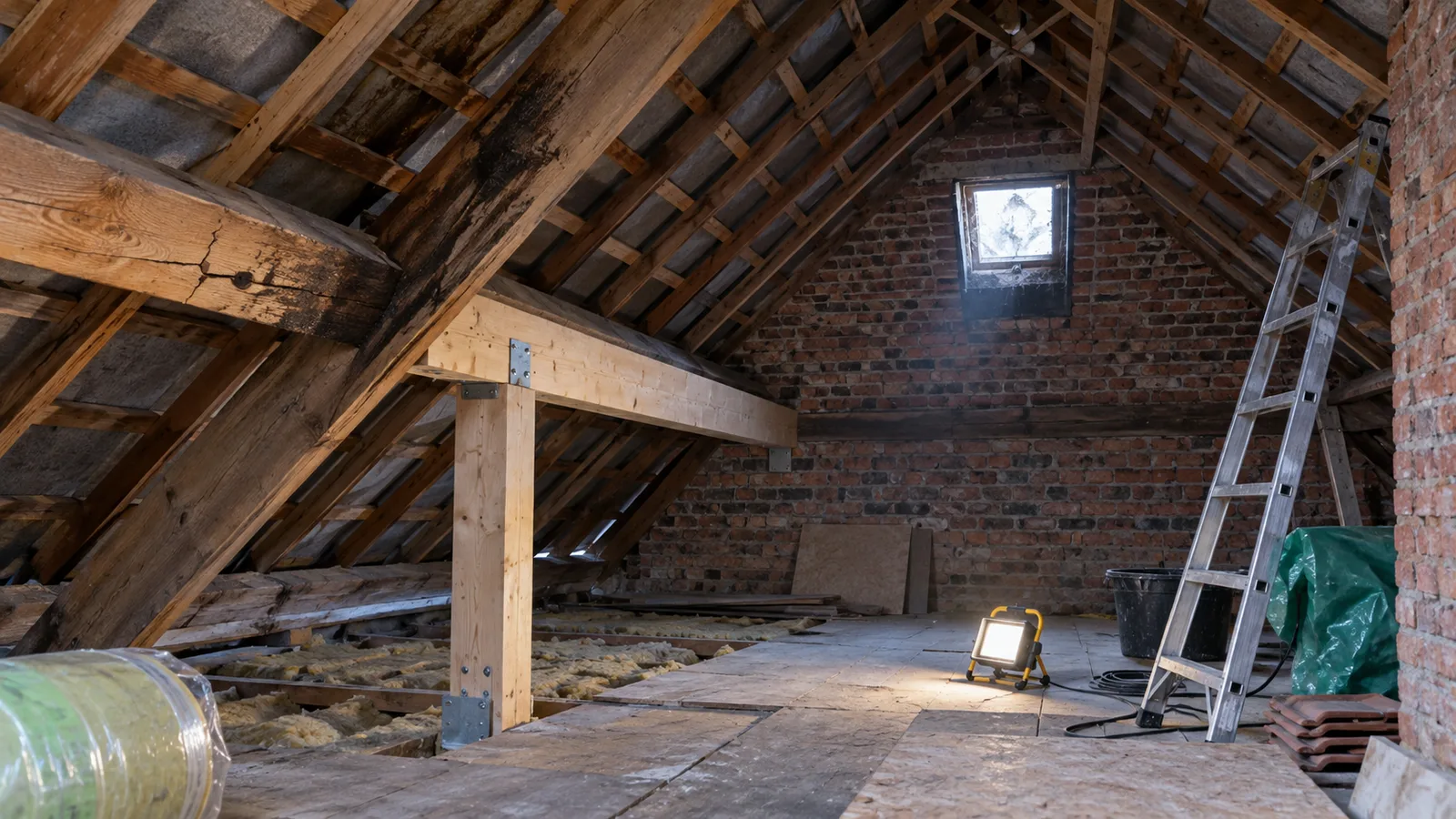 Combles d'une maison en brique avec charpente tachée d'humidité et poutre de renfort neuve