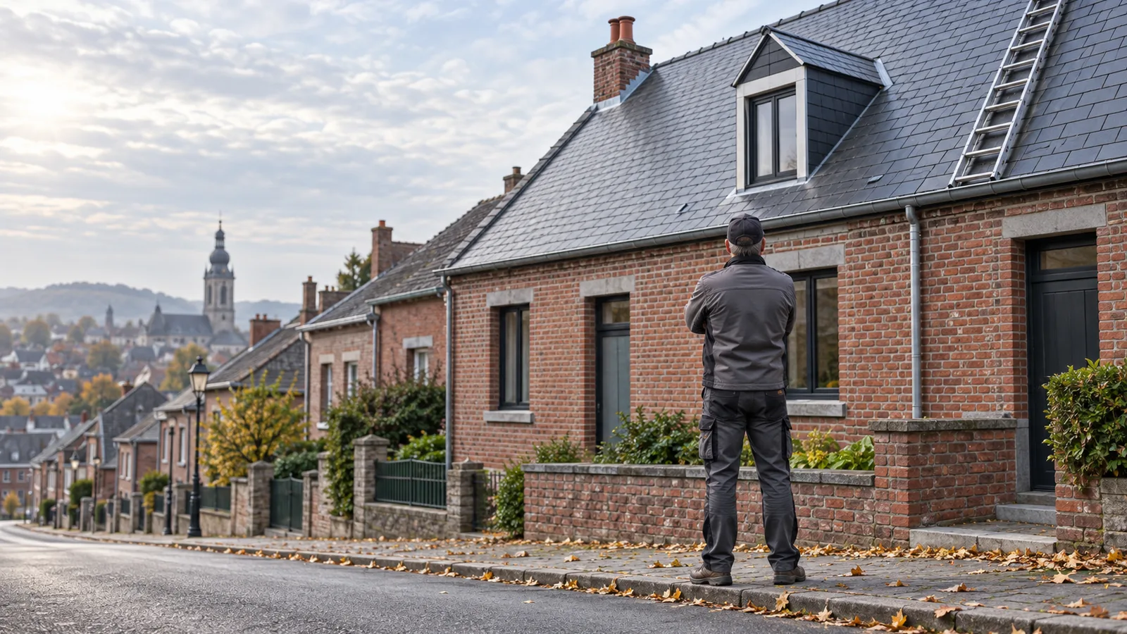 Couvreur de dos admirant une toiture d'ardoises rénovée dans une rue