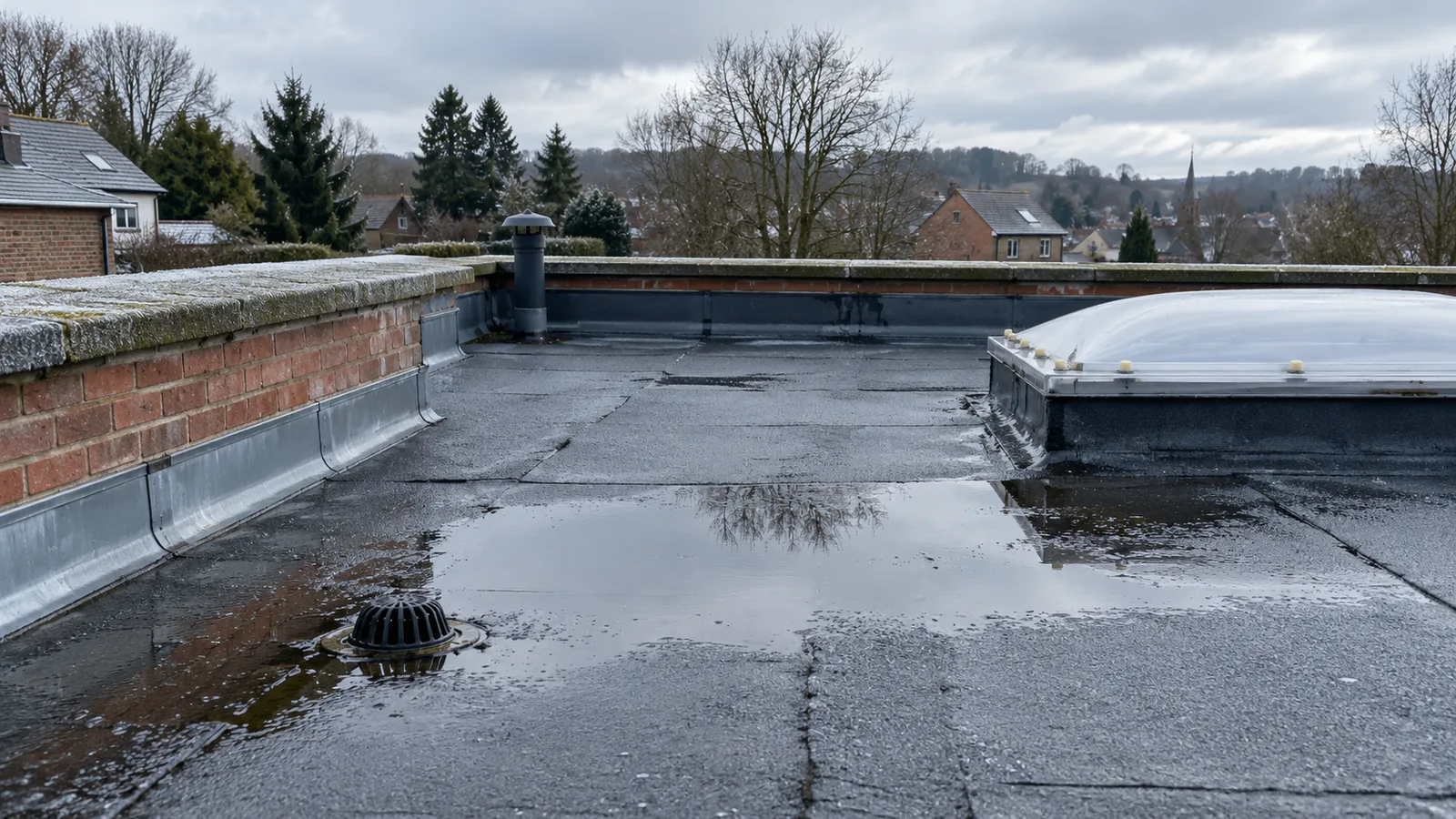 Toiture plate en roofing avec flaque d'eau stagnante et relevé contre un muret