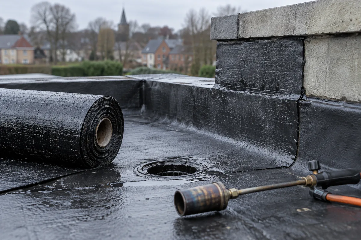 Jonction membrane et relevé de muret, chalumeau à gaz et rouleau de membrane bitumineuse