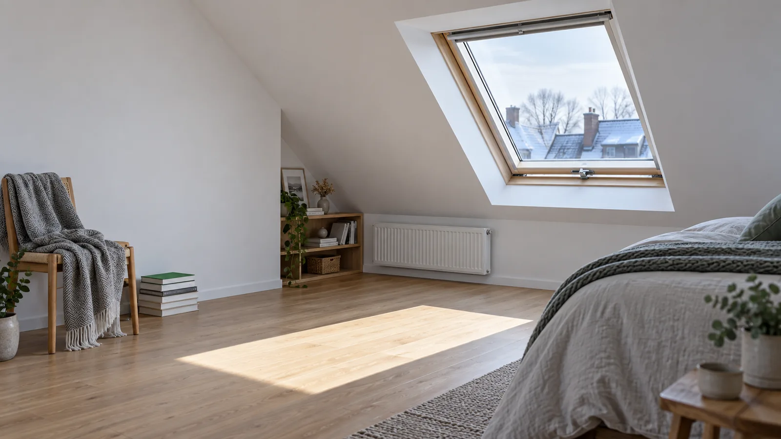 Fenêtre de toit neuve éclairant une chambre sous combles en hiver
