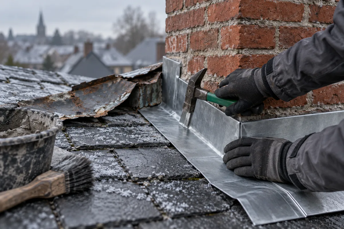 Mains de couvreur fixant un solin de zinc neuf au marteau