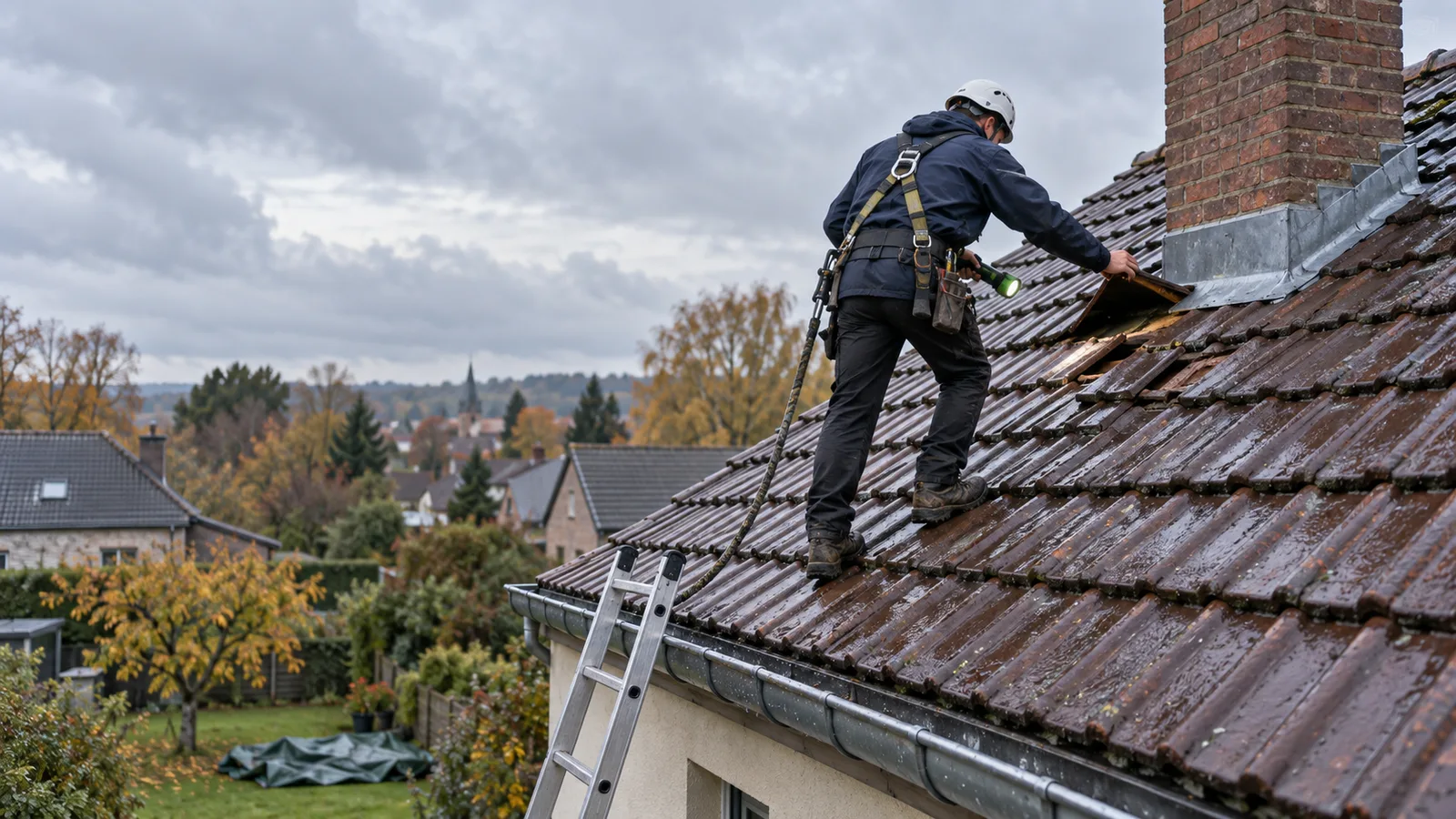 Couvreur inspectant des tuiles déplacées près d'une cheminée