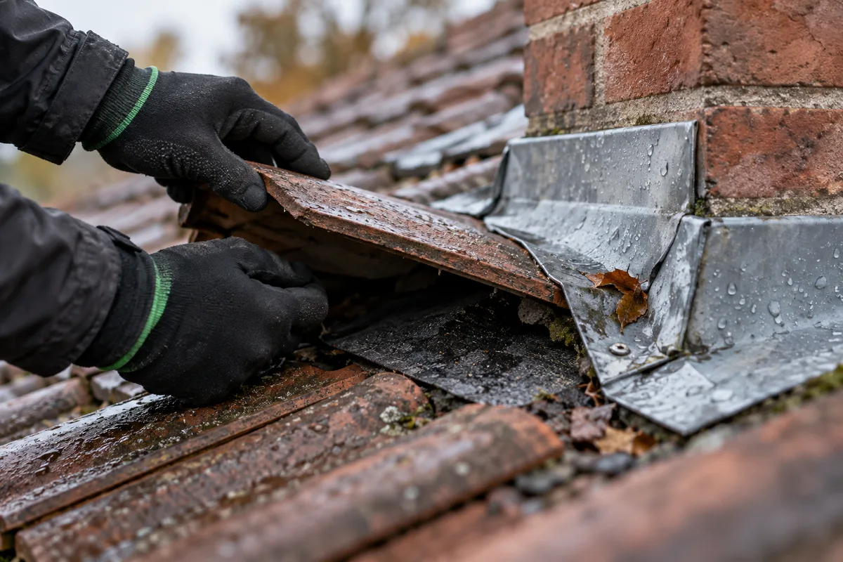 Mains soulevant une tuile pour inspecter l'écran de sous-toiture
