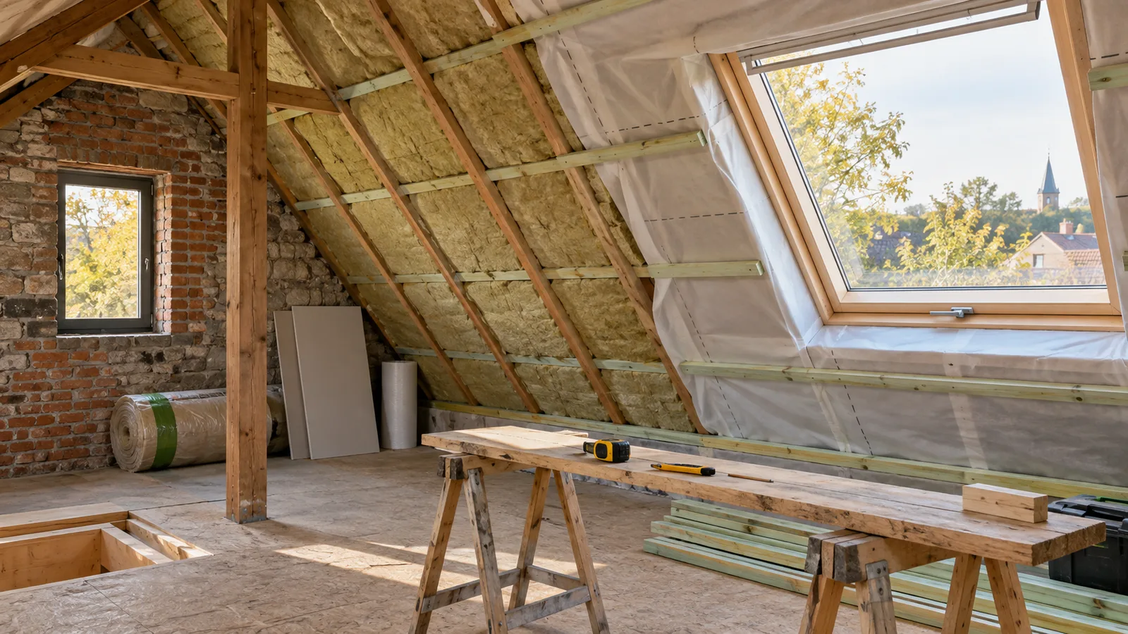 Comble en rénovation avec laine minérale entre chevrons, pare-vapeur et fenêtre de toit