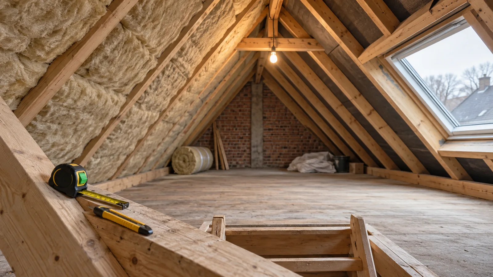 Combles d'une maison avec rouleaux d'isolant posés entre les chevrons
