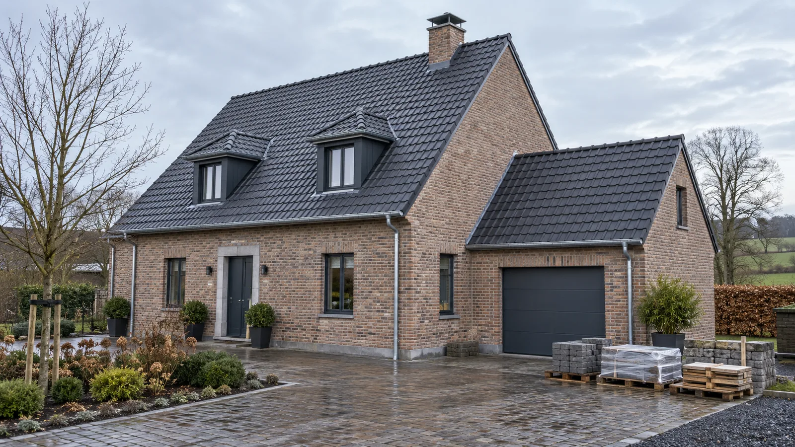 Maison en briques à toiture neuve en tuiles anthracite, échafaudage tout juste démonté