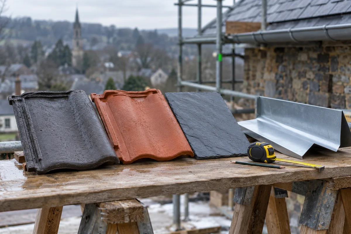 Échantillons de tuile béton, tuile terre cuite, ardoise et feuille de zinc sur un tréteau