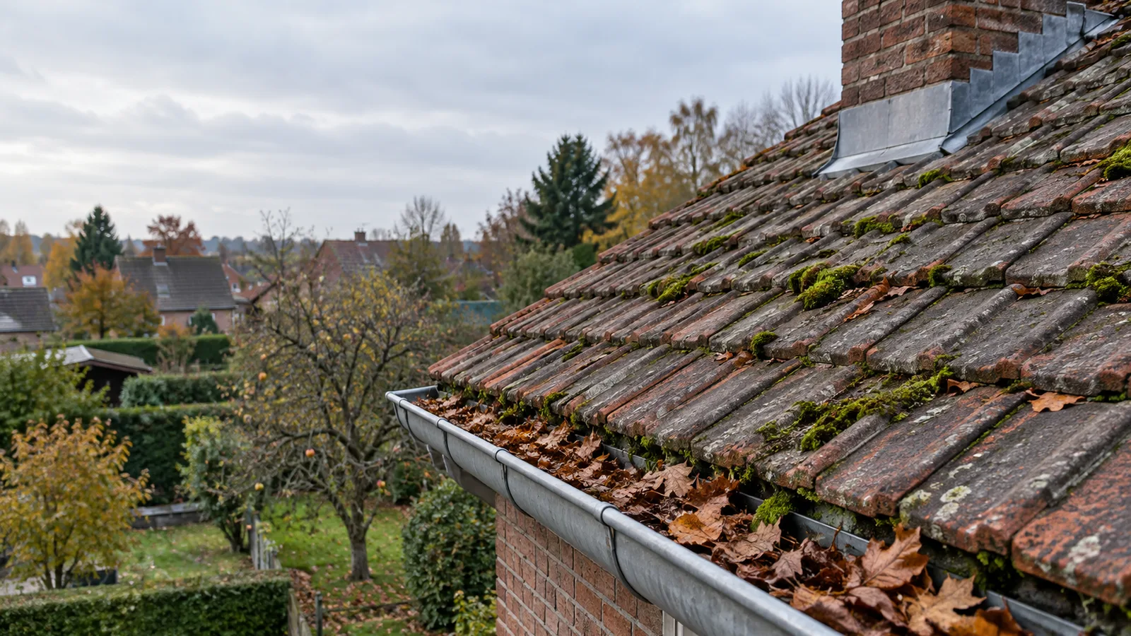 Toiture de tuiles avec mousse et feuilles mortes avant l'hiver