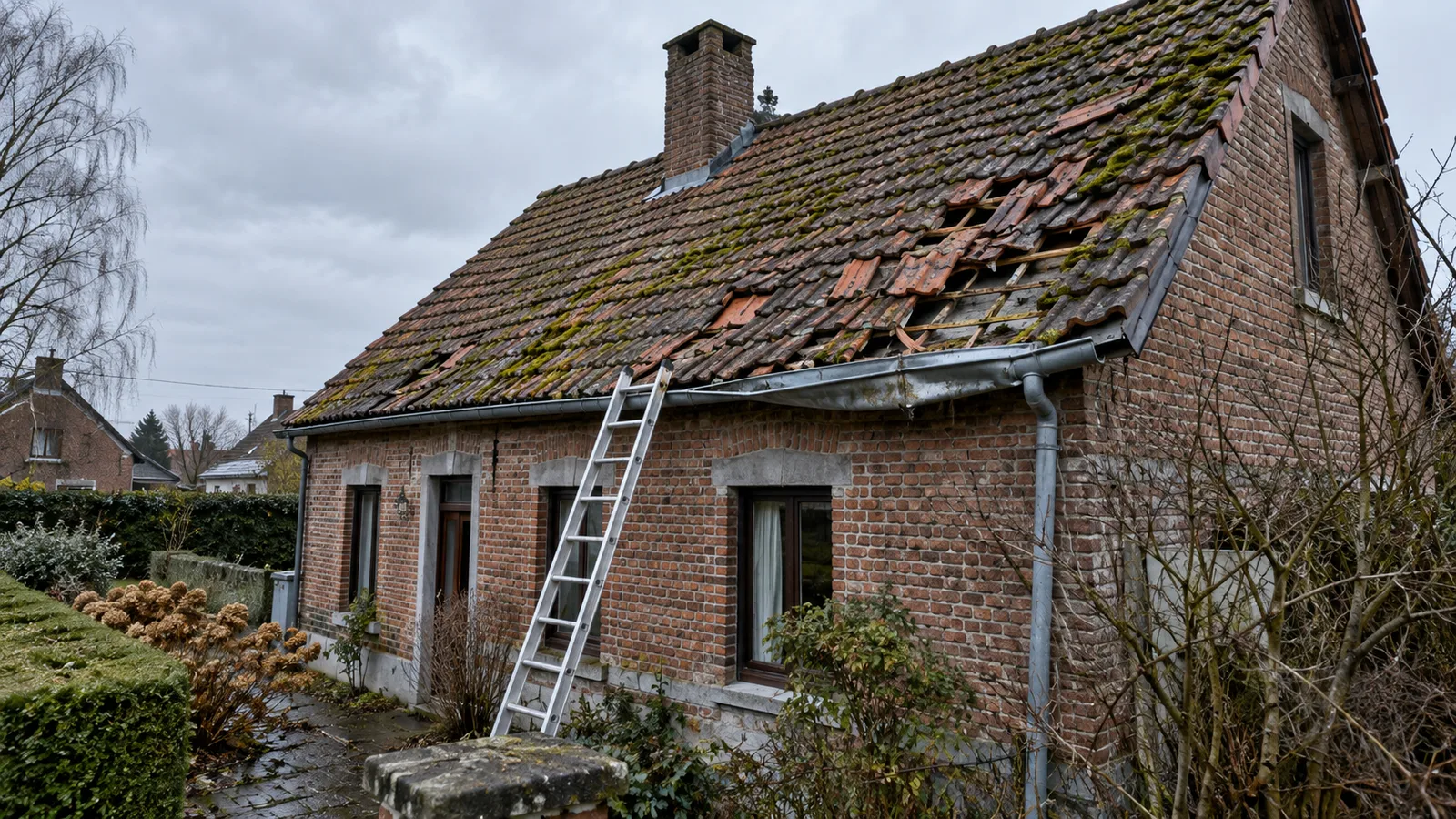 Toiture de tuiles anciennes avec tuiles glissées et gouttière affaissée, échelle contre la façade