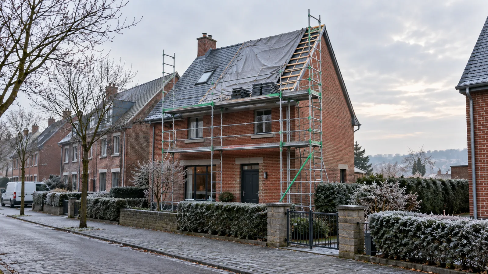 Maison en briques avec échafaudage de couvreur et bâche sur la toiture