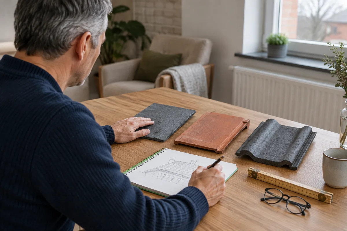 Homme comparant des échantillons de toiture sur une table de salon