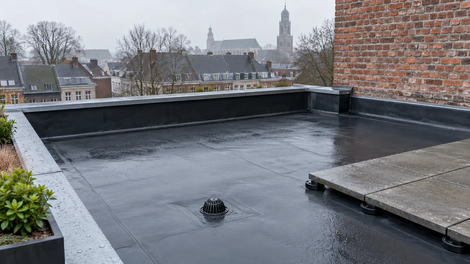 Toiture plate en membrane EPDM noire avec évacuation d'eau et relevé contre un mur de brique