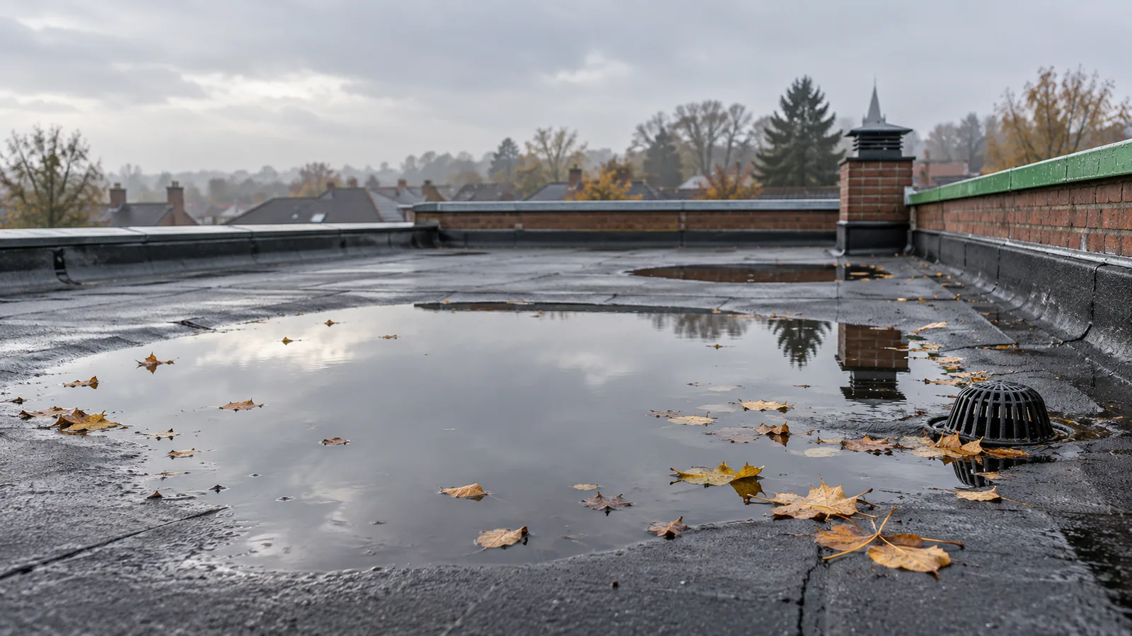 Grande flaque d'eau stagnante sur une toiture plate après la pluie