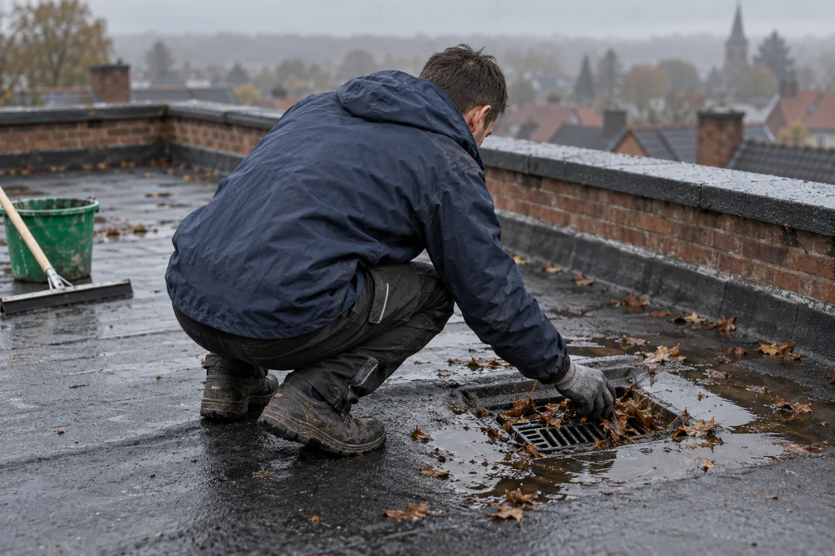 Couvreur dégageant les feuilles d'une évacuation d'eau de toiture
