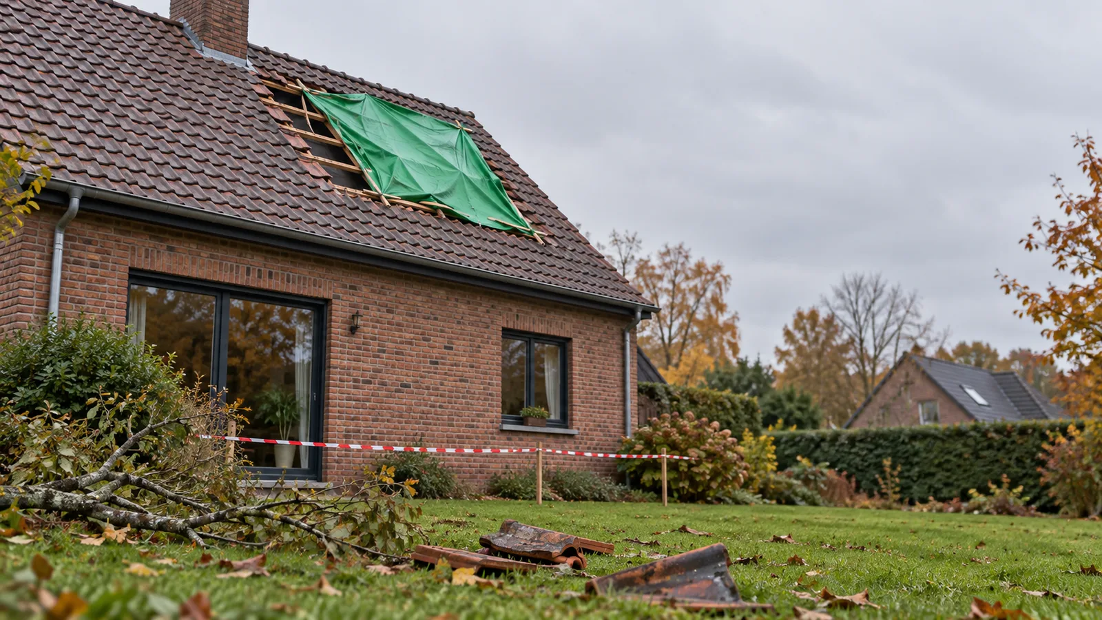 Toit bâché après une tempête et tuiles cassées dans le jardin