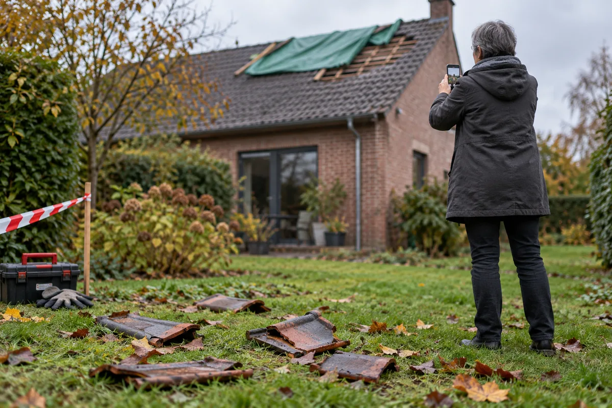 Propriétaire photographiant des tuiles cassées pour le constat d'assurance