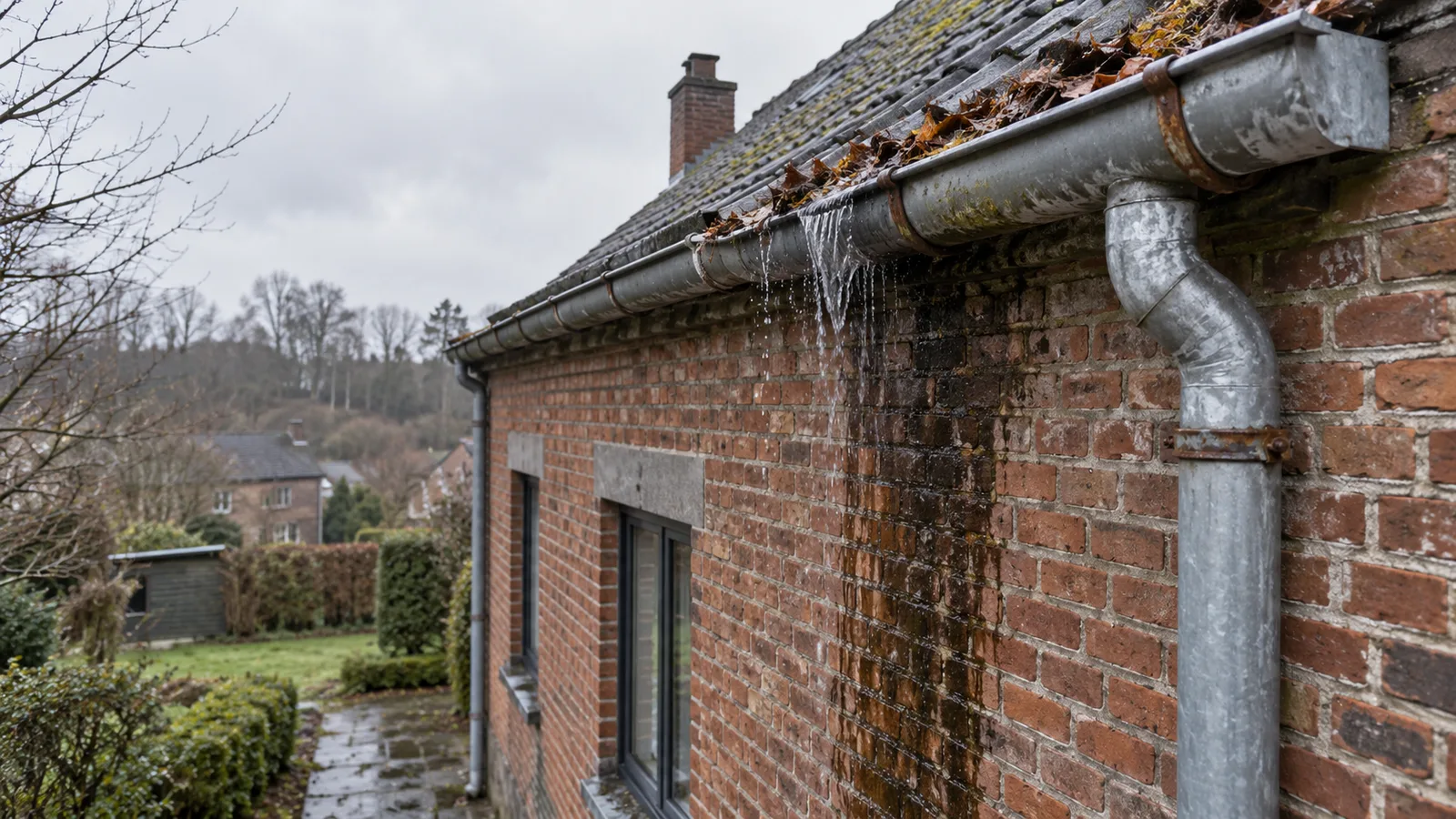 Gouttière débordante en zinc laissant une trace noire sur une façade en briques